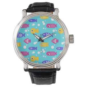 Helderkleurig vispatroon blauw Cartoon Horloge