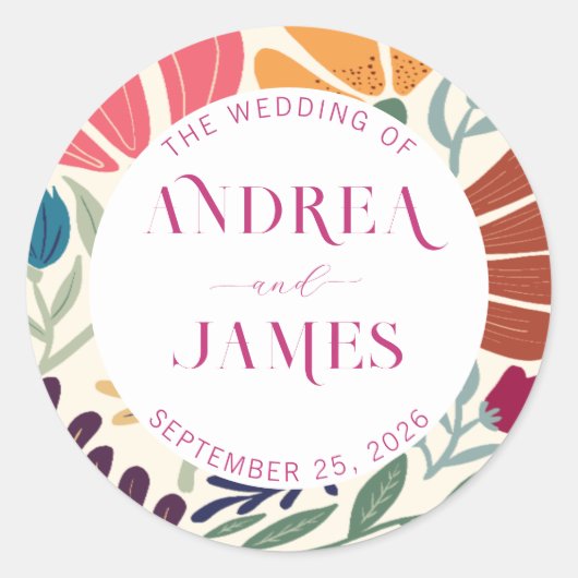 Helderkleurig Wildflower Abstract Floral Wedding Ronde Sticker (Voorkant)