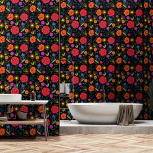 Helderkleurige bloemen op zwart behang