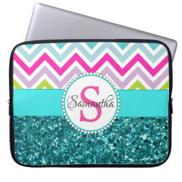 Helderkleurige Chevrons | Blauwgroen Turquoise Gli Laptop Sleeve