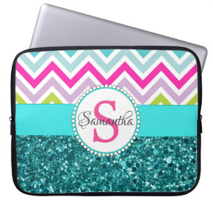 Helderkleurige Chevrons   Blauwgroen Turquoise Gli Laptop Sleeve