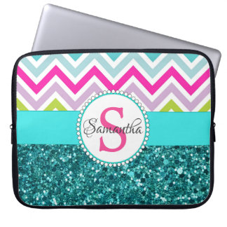 Helderkleurige Chevrons | Blauwgroen Turquoise Gli Laptop Sleeve