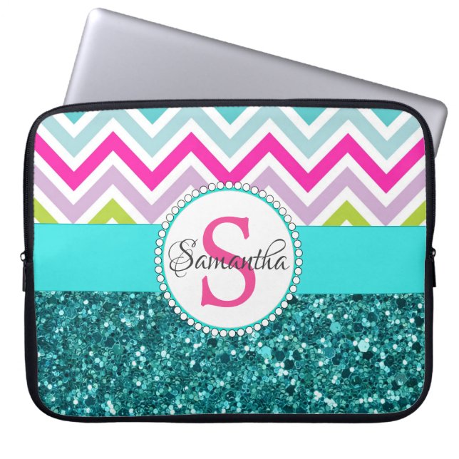 Helderkleurige Chevrons | Blauwgroen Turquoise Gli Laptop Sleeve (Voorkant)