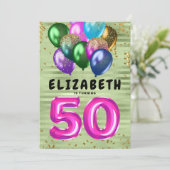 Helderkleurige glitterballonnen 50e verjaardag kaart (Staand voorkant)