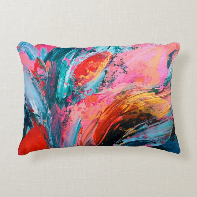 Helderkleurige hand geschilderd abstract achtergro accent kussen (Voorkant)