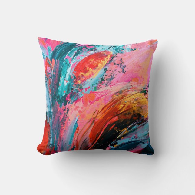 Helderkleurige hand geschilderd abstract achtergro kussen (Voorkant)