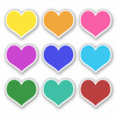 Helderkleurige kleurrijke liefdesharten set van 9 sticker (Voorkant)