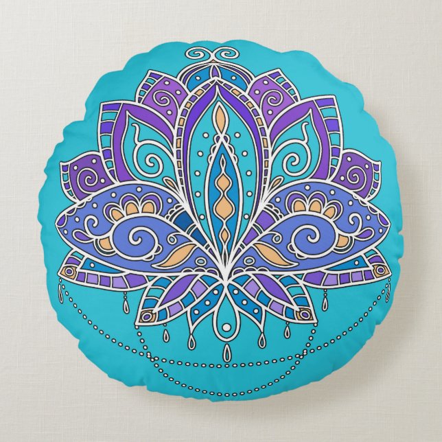 Helderkleurige Lotus flower op blauw blauwgroen Rond Kussen (Voorkant)