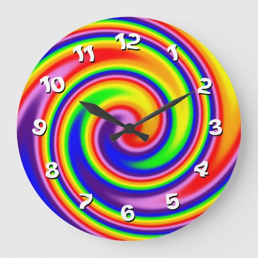 Helderkleurige Rainbow Spiral Swirl Wonky Numbers Grote Klok (Voorkant)