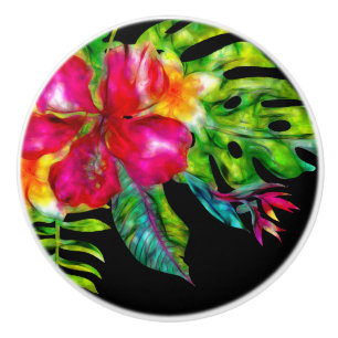 Helderkleurige tropische Floral Hibiscus & Leaves Keramische Knop