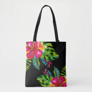 Helderkleurige tropische Floral Hibiscus Leaves Tote Bag