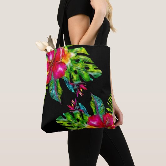 Helderkleurige tropische Floral Hibiscus Leaves Tote Bag (Dichtbij)