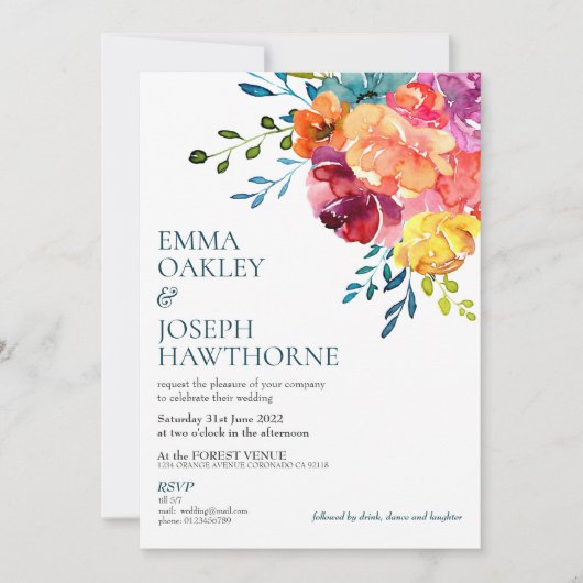 Helderkleurige turkooise floral Wedding Kaart (Voorkant)