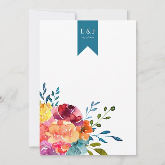 Helderkleurige turkooise floral Wedding Kaart (Achterkant)