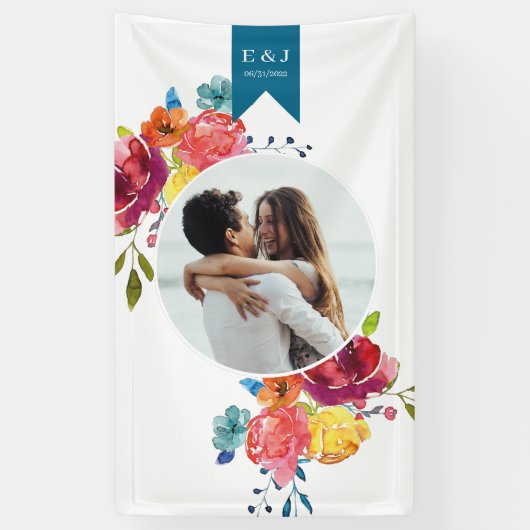 Helderkleurige turkooise floral Wedding Spandoek (Verticaal)