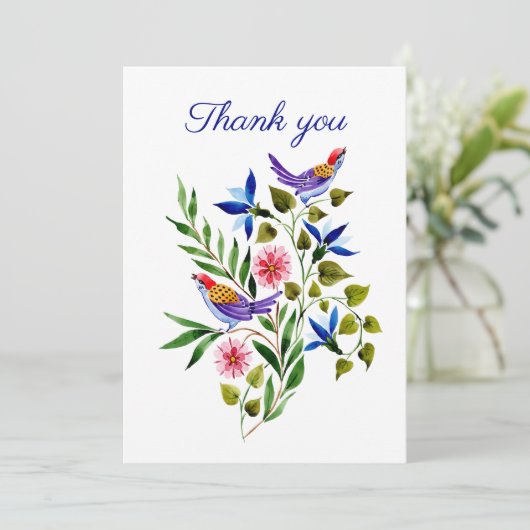 Helderkleurige vogels en bloemen bedankkaart (Staand voorkant)