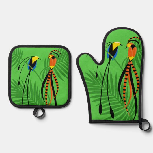 Helderkleurige vogels van het paradijs ovenwant & pannenlap set (Voorkant)