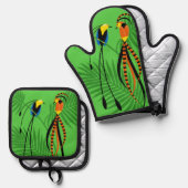 Helderkleurige vogels van het paradijs ovenwant & pannenlap set (Voorkant / Achterkant)