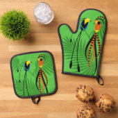 Helderkleurige vogels van het paradijs ovenwant & pannenlap set (Top down)