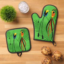 Helderkleurige vogels van het paradijs ovenwant & pannenlap set