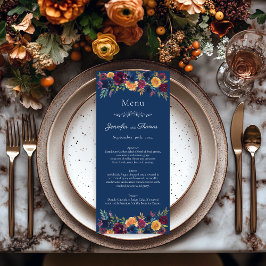 Helderkleurige Waterverf marineblauw Floral Weddin Menu
