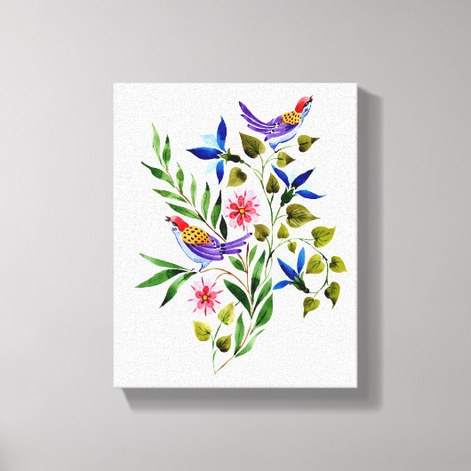 Helderkleurige Waterverf van vogels en bloemen Canvas Afdruk (Voorkant)