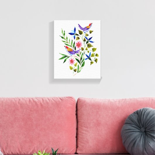Helderkleurige Waterverf van vogels en bloemen Canvas Afdruk (Insitu (Woonkamer))