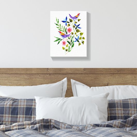 Helderkleurige Waterverf van vogels en bloemen Canvas Afdruk (Insitu (Slaapkamer))