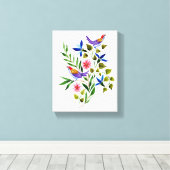 Helderkleurige Waterverf van vogels en bloemen Canvas Afdruk (Insitu (Houten vloer))