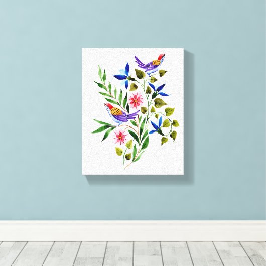 Helderkleurige Waterverf van vogels en bloemen Canvas Afdruk (Insitu (Houten vloer))