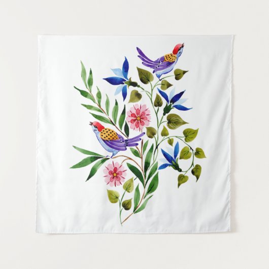 Helderkleurige Waterverf van vogels en bloemen Wandkleed (Voorkant)