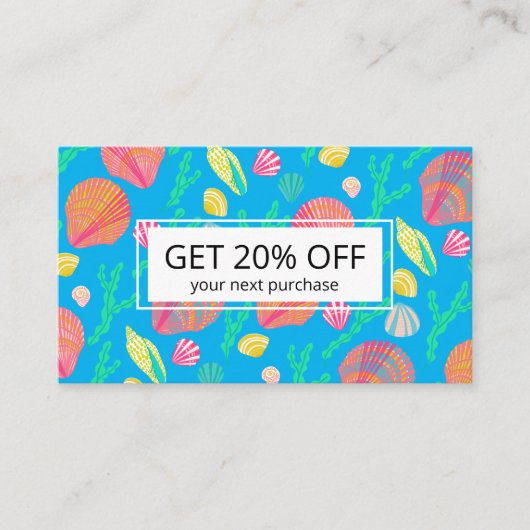 Helderkleurige zeeschelpen en het pictogram Seawee Kortingskaartje (Voorkant)