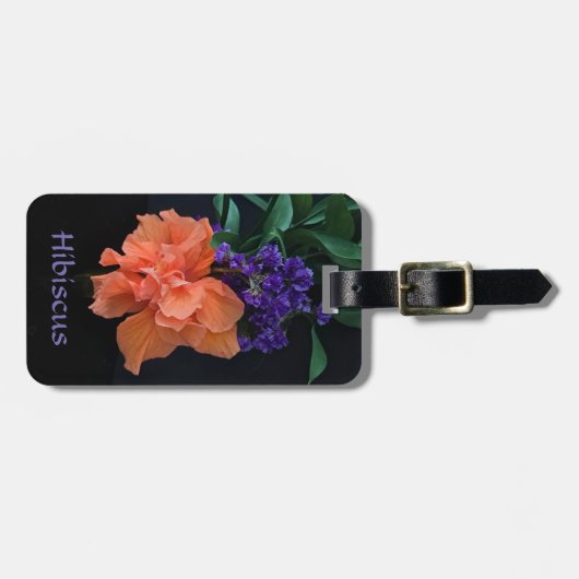 Helderlijk Oranje Hibiscus Tropisch  Zwart Bagagelabel (Voorkant horizontaal)