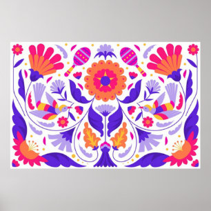 Heldermooie Mexicaanse Floral Folk Art Poster