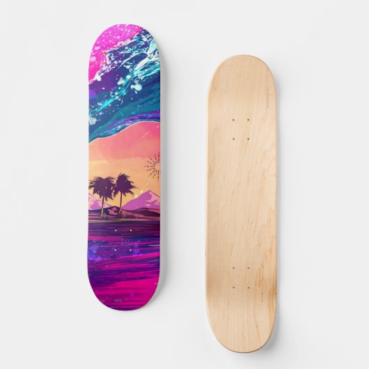 Helderneon Retro Wave and Palm Trees Skateboard (Voorkant)