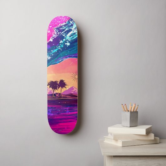 Helderneon Retro Wave and Palm Trees Skateboard (Muurkunst)