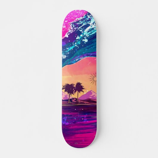 Helderneon Retro Wave and Palm Trees Skateboard (Voorkant)