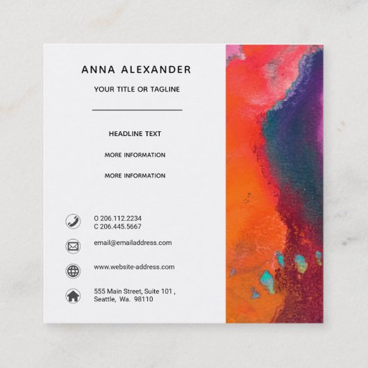 HelderOranje Paarse Abstracte Waterverf Vierkante Visitekaartje (Achterkant)