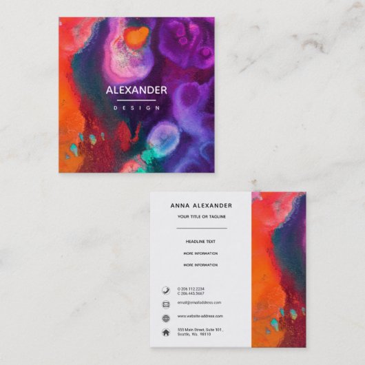 HelderOranje Paarse Abstracte Waterverf Vierkante Visitekaartje (Voorkant / Achterkant)