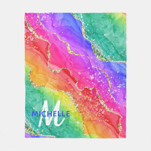 Helderregenboog en goudfaux Glitter Agate Monogram Fleece Deken (Voorkant)