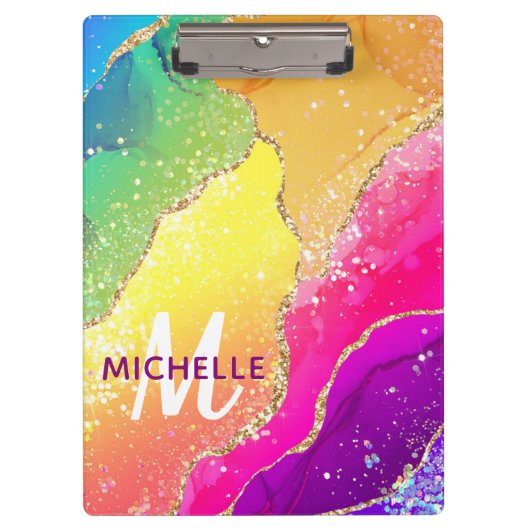 Helderregenboog en goudfaux Glitter Agate Monogram Klembord (Voorkant)