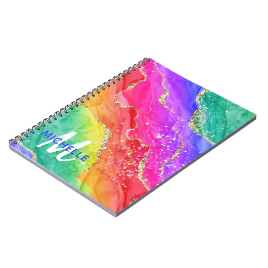 Helderregenboog en goudfaux Glitter Agate Monogram Notitieboek (Linkerzijde)