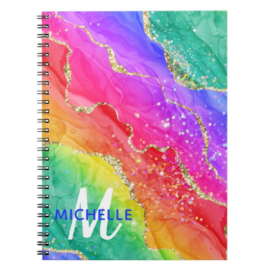 Helderregenboog en goudfaux Glitter Agate Monogram Notitieboek (Voorkant)