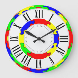 Helderrode, blauwe, groene en gele puzzel grote klok