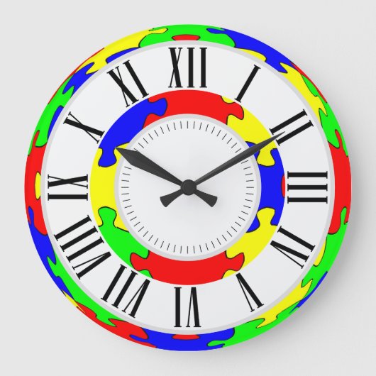 Helderrode, blauwe, groene en gele puzzel grote klok (Voorkant)