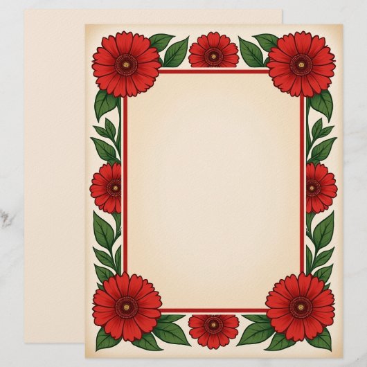 Helderrode bloemen & frame briefpapier briefhoofd (Voorkant / Achterkant)