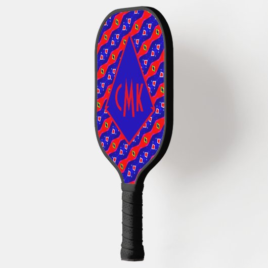 Helderrode en blauwe digitale kunst Diamond Trelli Pickleball Paddle (Links)