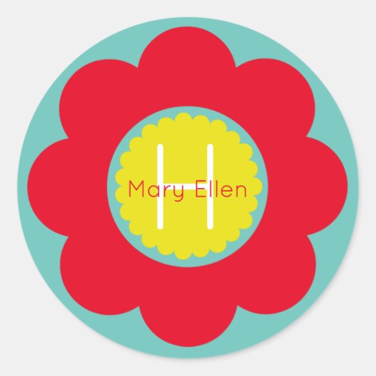 Helderrode en gele bloem op Blauwgroen Monogram Ronde Sticker (Voorkant)
