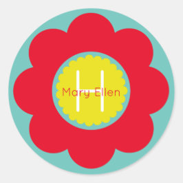 Helderrode en gele bloem op Blauwgroen Monogram Ronde Sticker