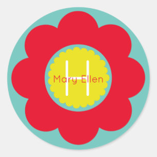Helderrode en gele bloem op Blauwgroen Monogram Ronde Sticker
